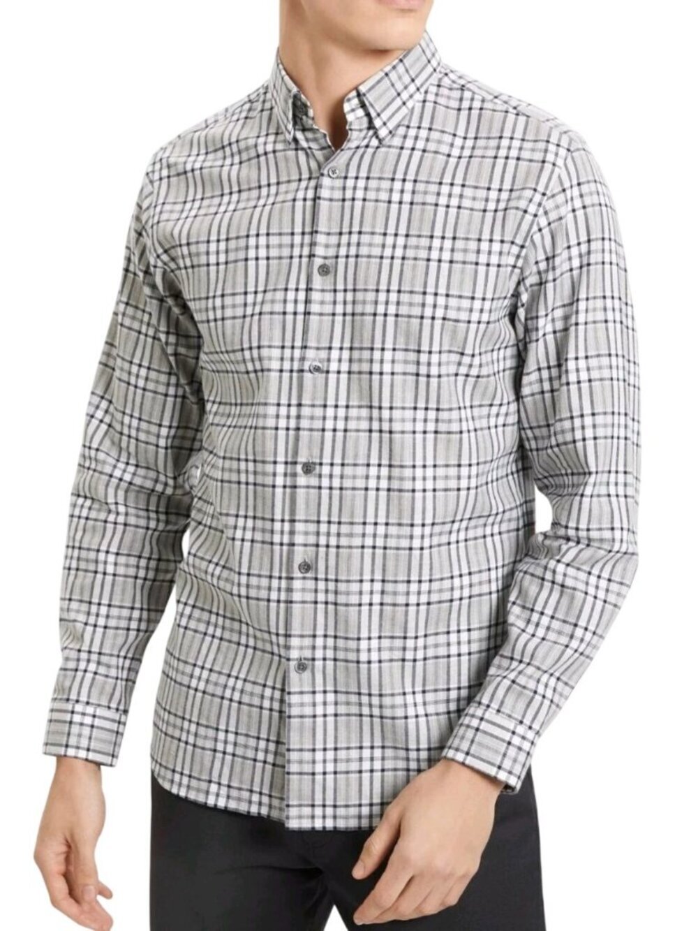 Theory NWT Irving BD Gray Multi Comfort Check Shirt Sustainable Cotton Size S Su
